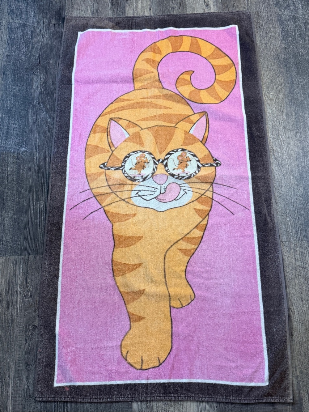 Vintage 1996 Stevens Tastermaker Ginger Cat Beach Towel Pink USA Made tabby